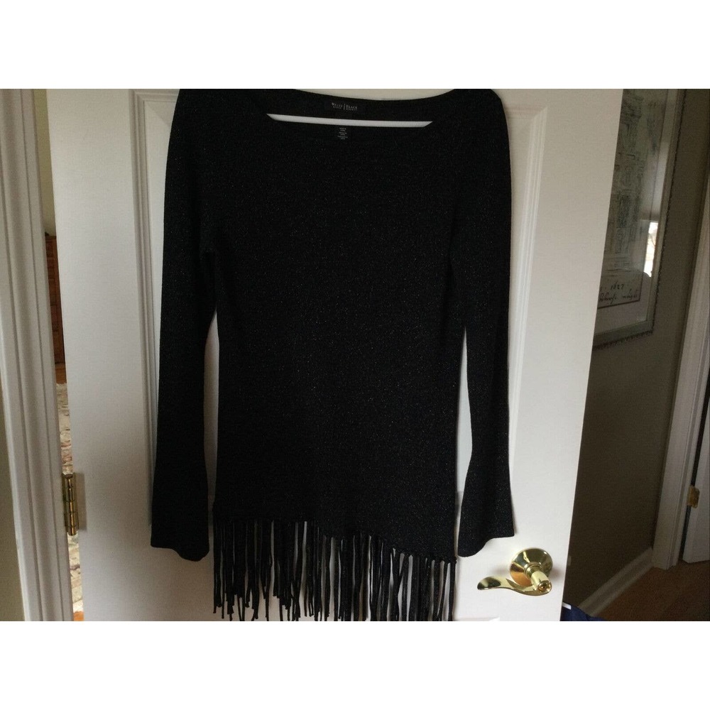White House Black Market Black Sweater Asymmetrical Fringe shine sz XS EUC